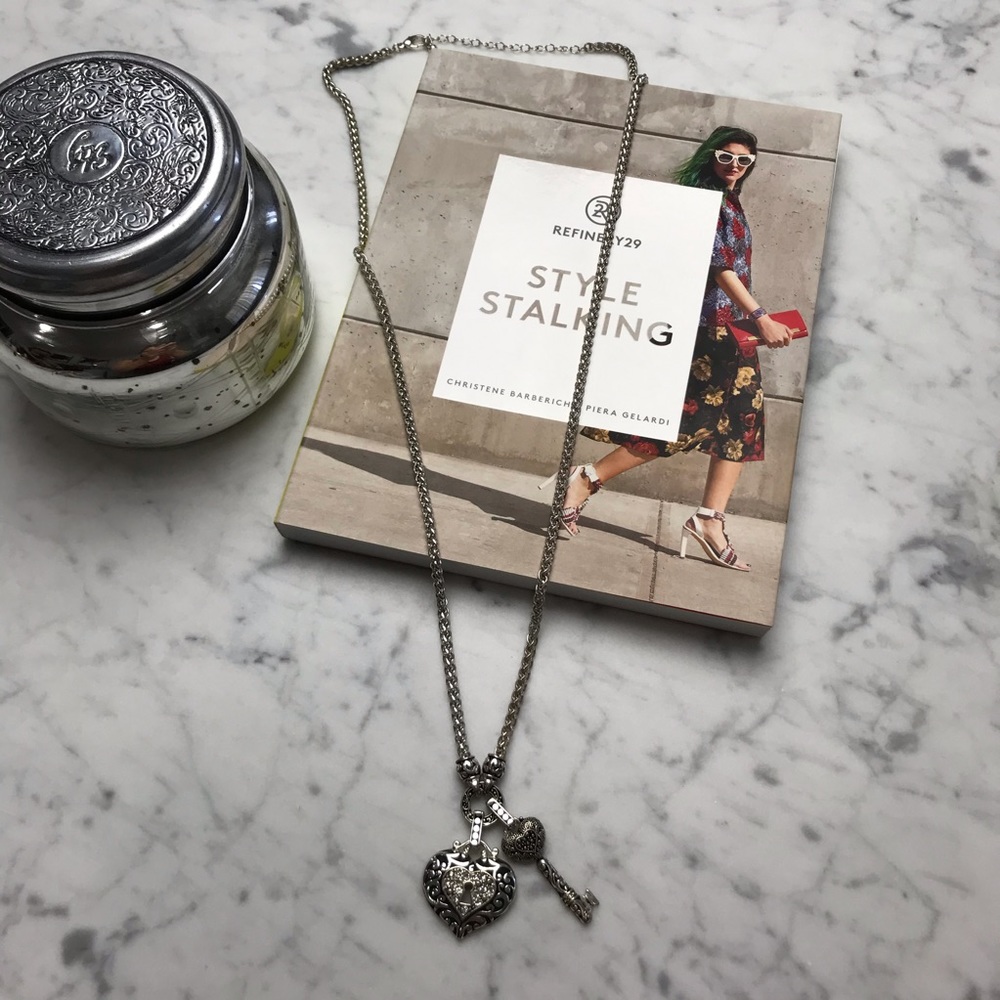 Silver Heart Lock Key Pendant Statement Necklace